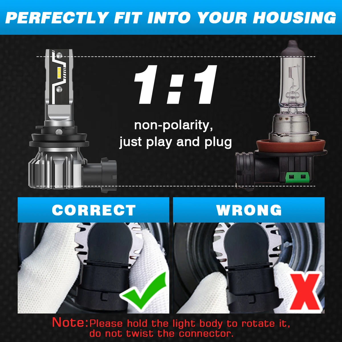 A comparison showing the correct and wrong fit of a non-polarity light bulb connector for a housing.