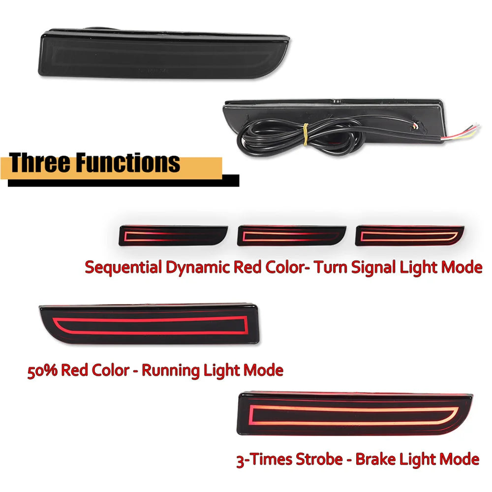 LED rear bumper reflector lights with three functions including sequential turn signal and strobe modes