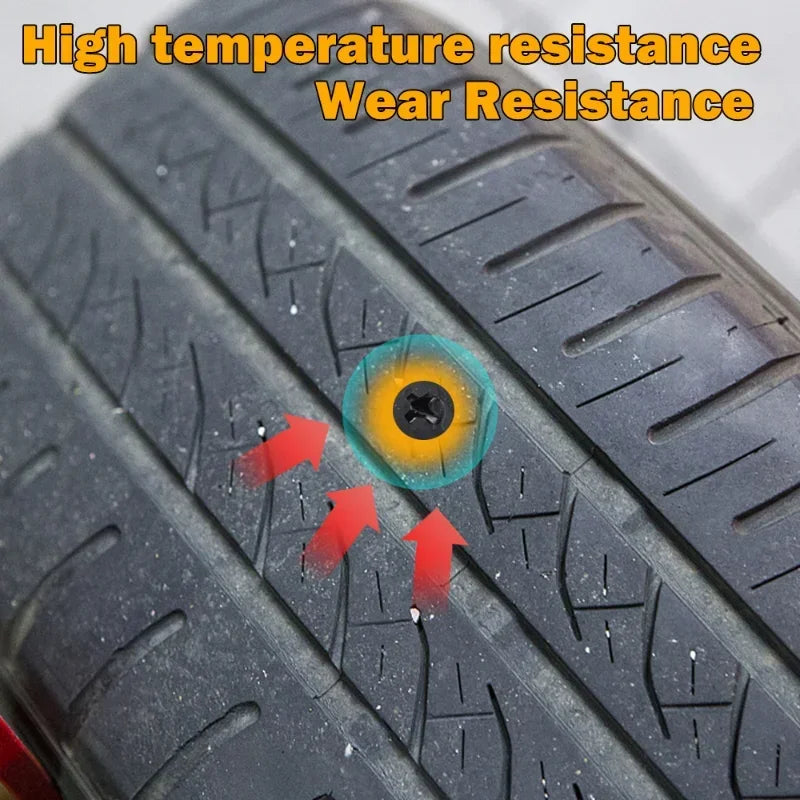 Close-up of a tire tread showing a nail penetrating the rubber, illustrating high temperature and wear resistance.