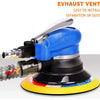 A blue and black pneumatic orbital sander with a vent attached, used for easy dust separation.