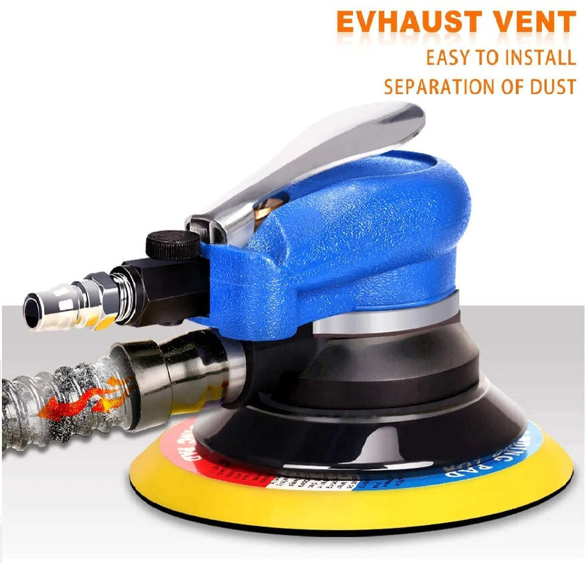 A blue and black pneumatic orbital sander with a vent attached, used for easy dust separation.