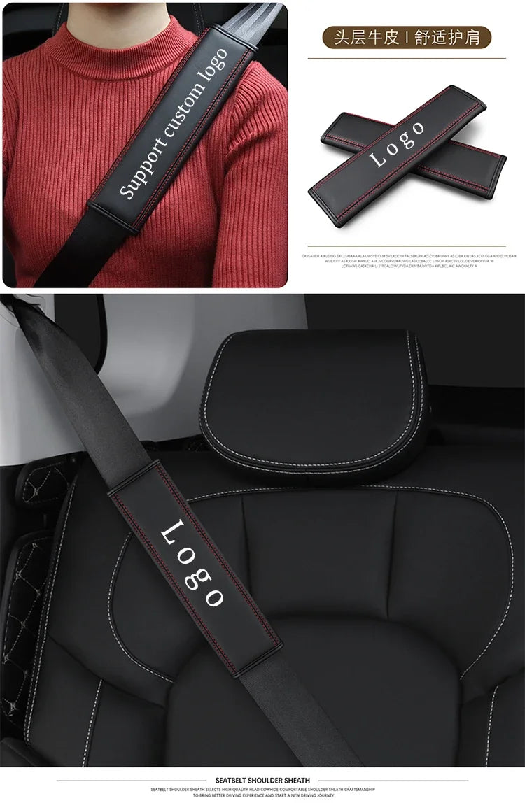Black leather seat belt protector cover with custom logo stitched onto the strap