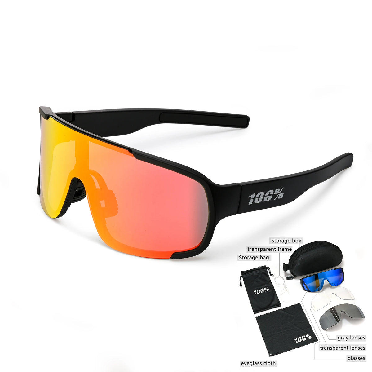 A pair of orange-tinted sports goggles with a black frame and various lens options are displayed.