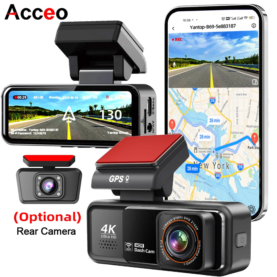 A black 4K dual-camera dash cam with GPS and WiFi monitoring device shown alongside a smartphone displaying a map.