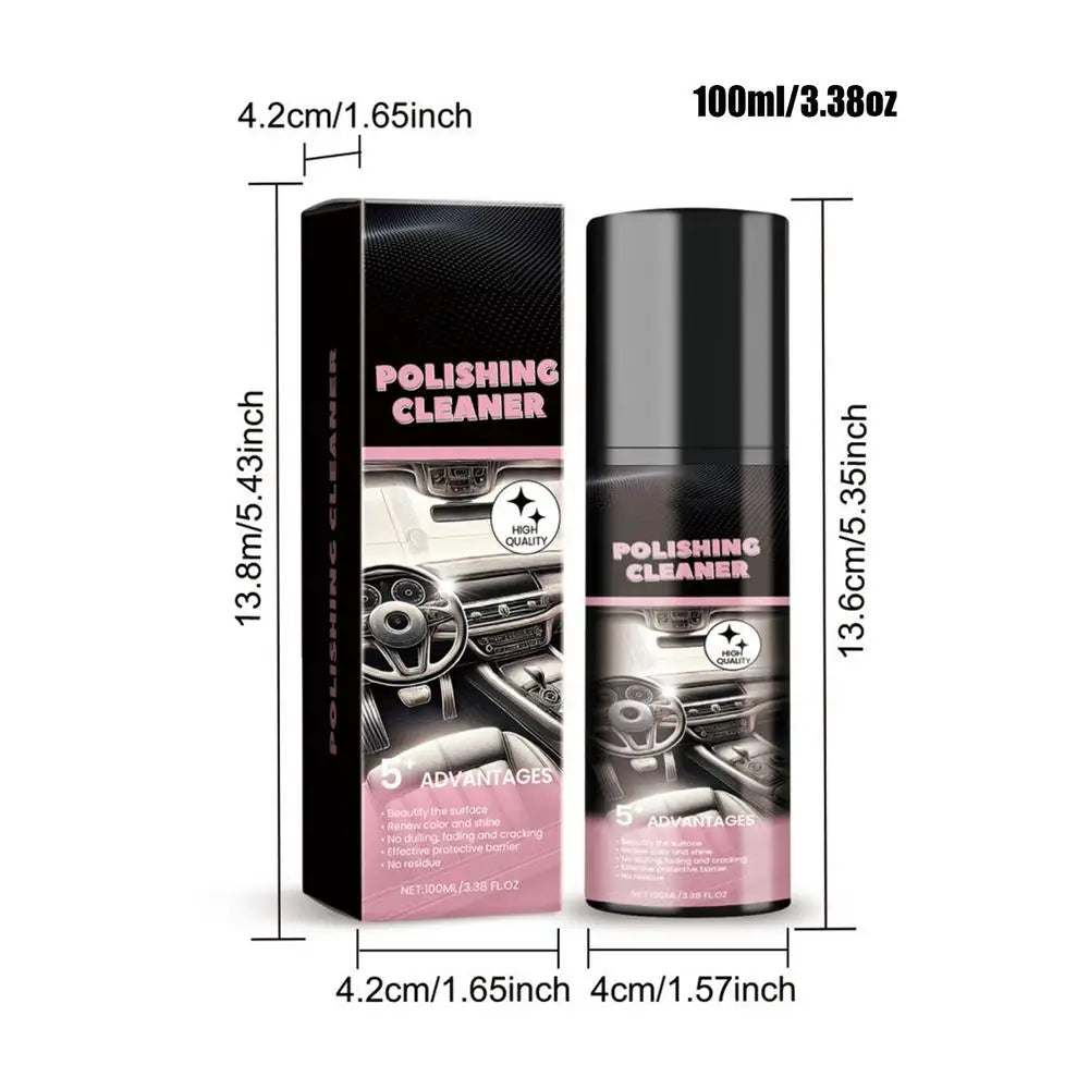 Bouteille noire de produit de polissage avec cap argenté et étiquette indiquant les dimensions.