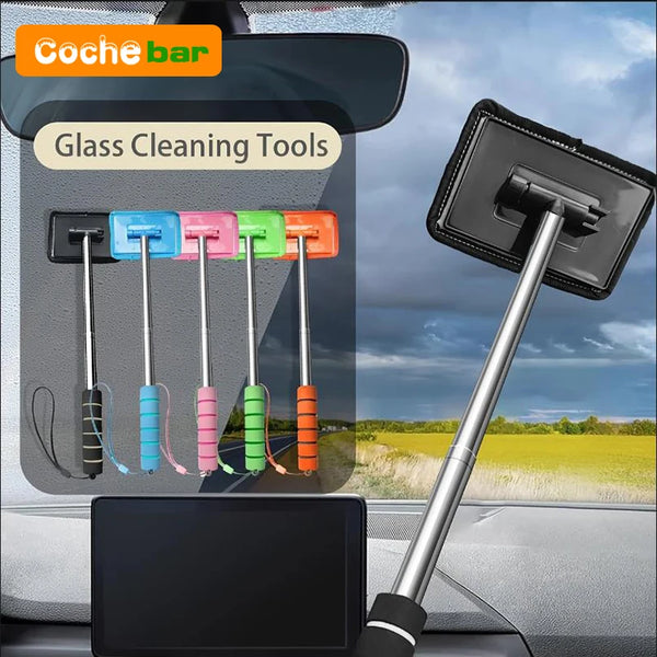 A set of plastic telescopic glass cleaning tools with various colors are displayed in a car interior context.