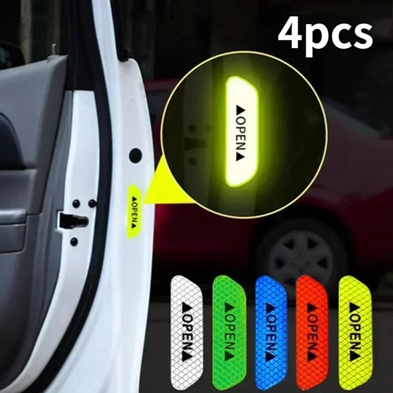 Four reflective decals for car door warnings shown next to a white car door.