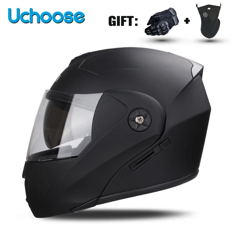 Black Uchoose DOT certified double lens flip-up motorcycle helmet with a protective face shield