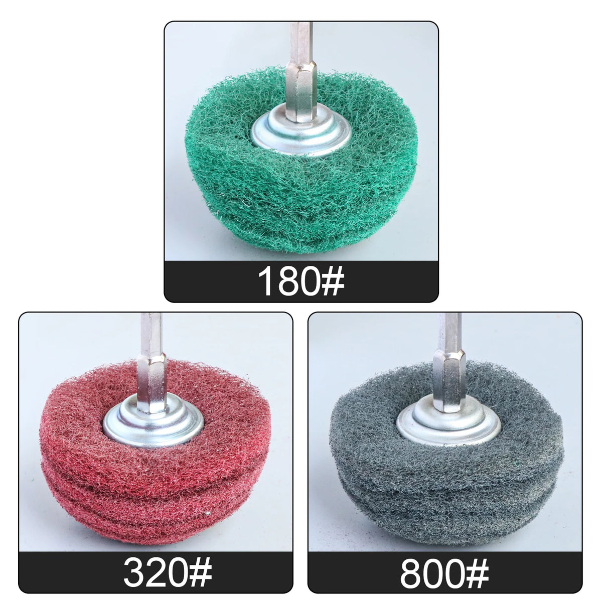 Three precision flap sanding wheels in green, pink, and gray are shown mounted on a stand.