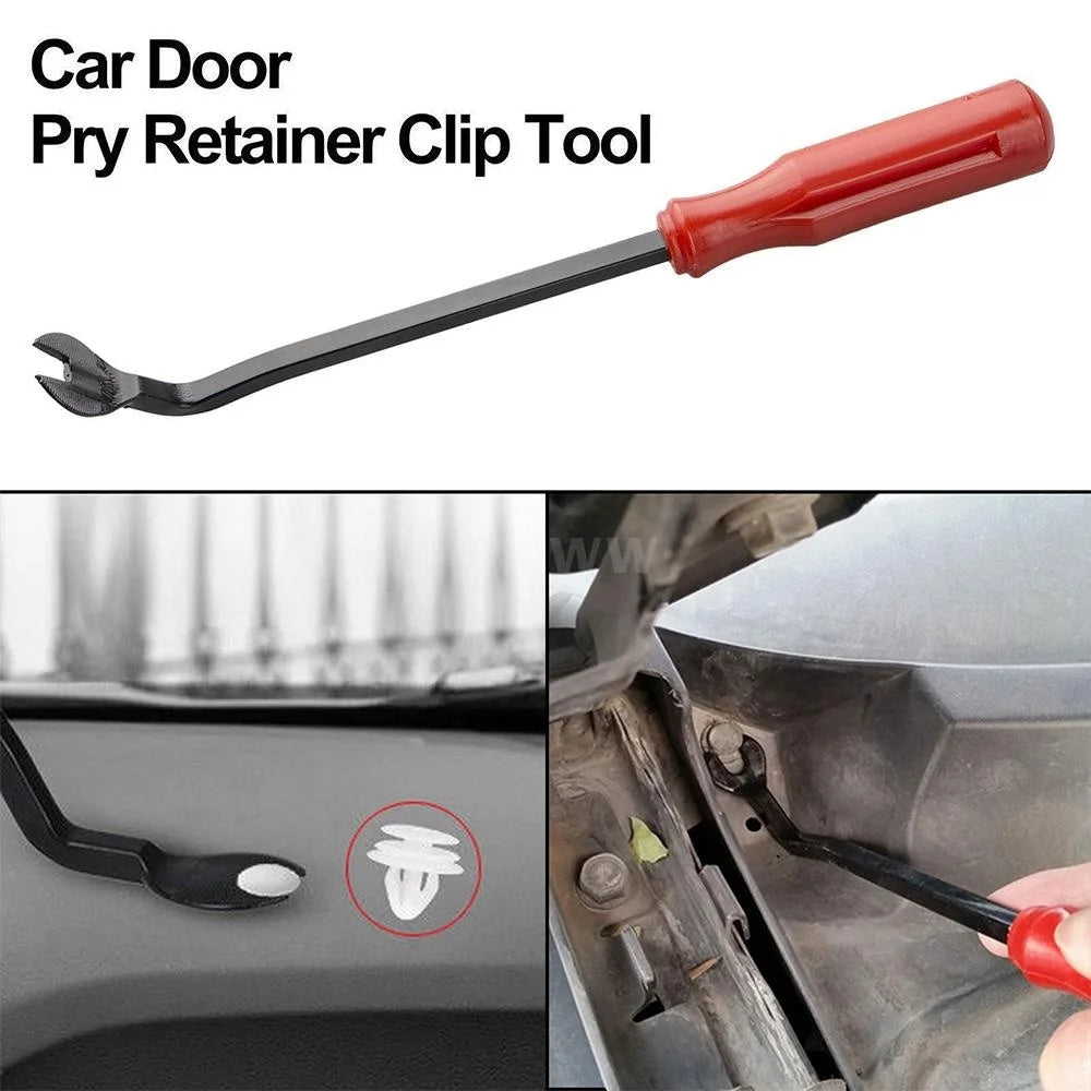 A red pry retainer clip tool used for automotive trim and body repair