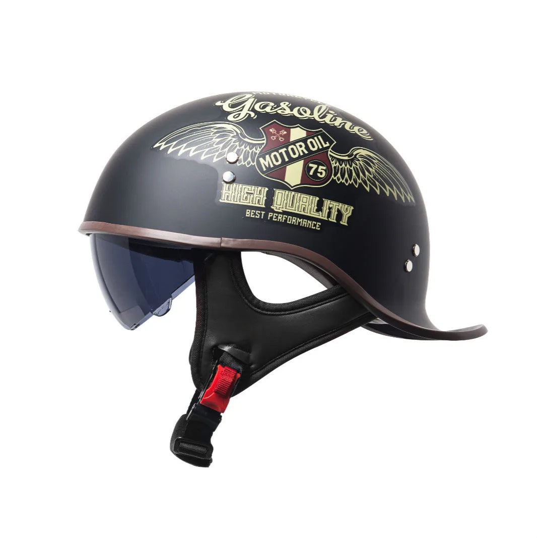 Casque moto vintage noir avec lettres dorées et finition marron.