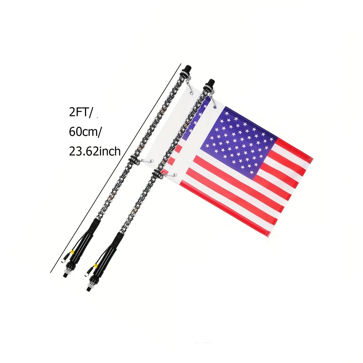 A flag of the United States is displayed on a whip with an RGB chasing light for off-road vehicles.