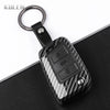 A black carbon fiber button cover for a car key, attached to a metal keyring.