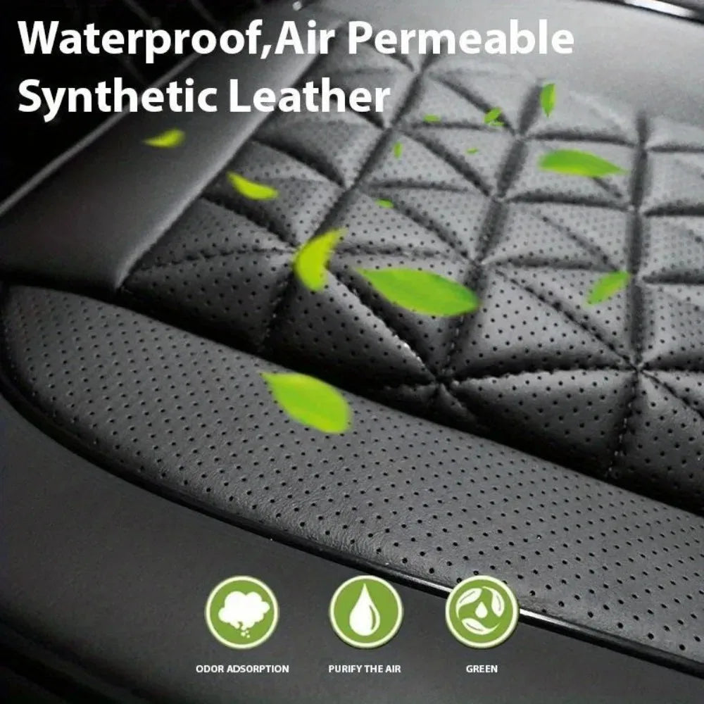 Black synthetic leather car seat covers showing air permeability and features like odor adsorption, air purification, and gre