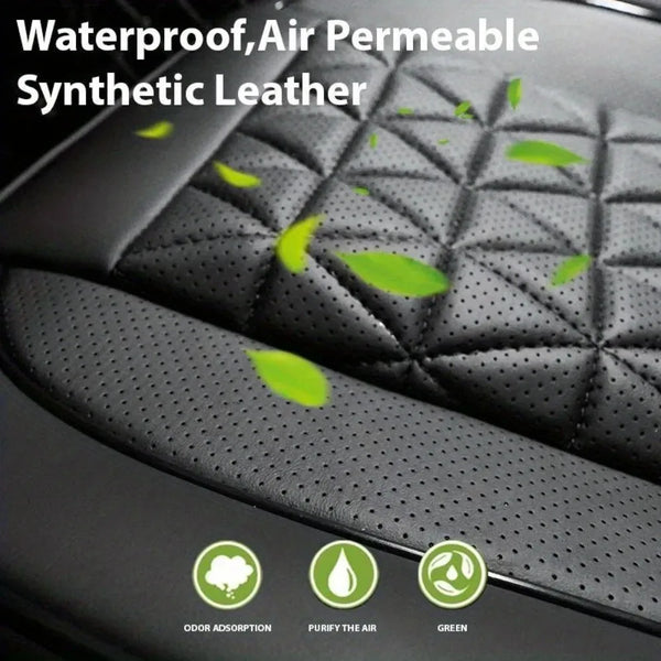 Black synthetic leather car seat covers showing air permeability and features like odor adsorption, air purification, and gre