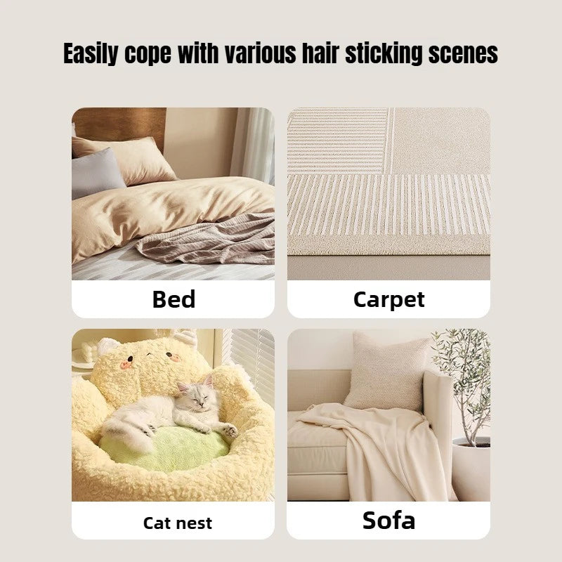 Various hair sticking scenes shown on a bed, carpet, cat nest, and sofa.