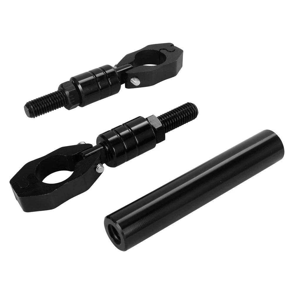 Black adjustable motorcycle handlebar grip crossbar with threaded ends and a cylindrical component.