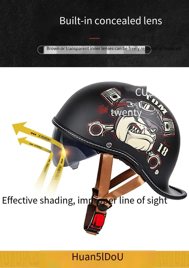 Schwarzer Vintage-Motorradhelm mit verdeckter Linse und braunem, verstellbare Riemen.