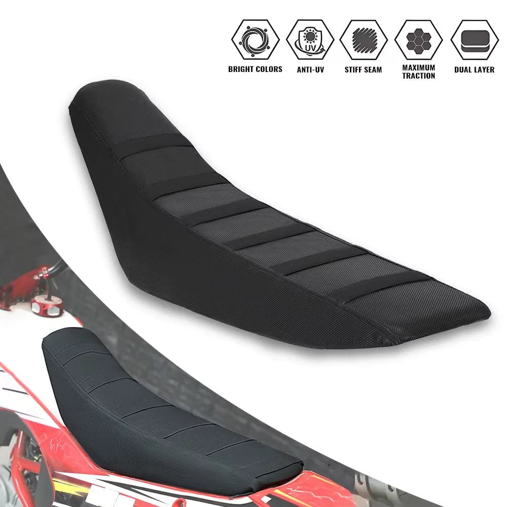 Black universal motorbike seat cover designed for off-road bikes with features like bright colors and dual layer protection