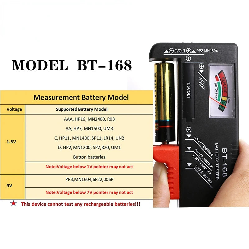 A black universal battery tester device showing various voltage settings and supported battery models.
