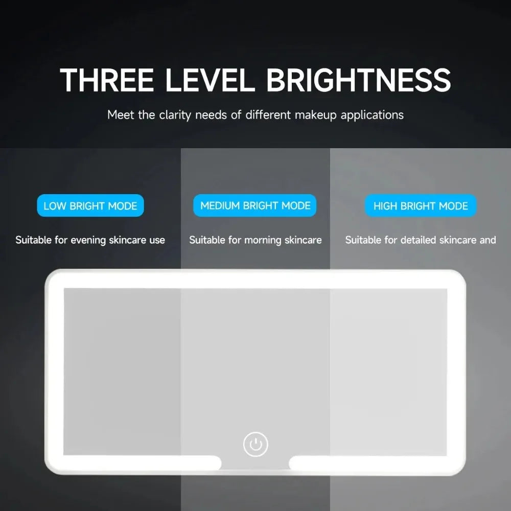 A vanity mirror with three brightness levels displayed on a touch screen for makeup applications.