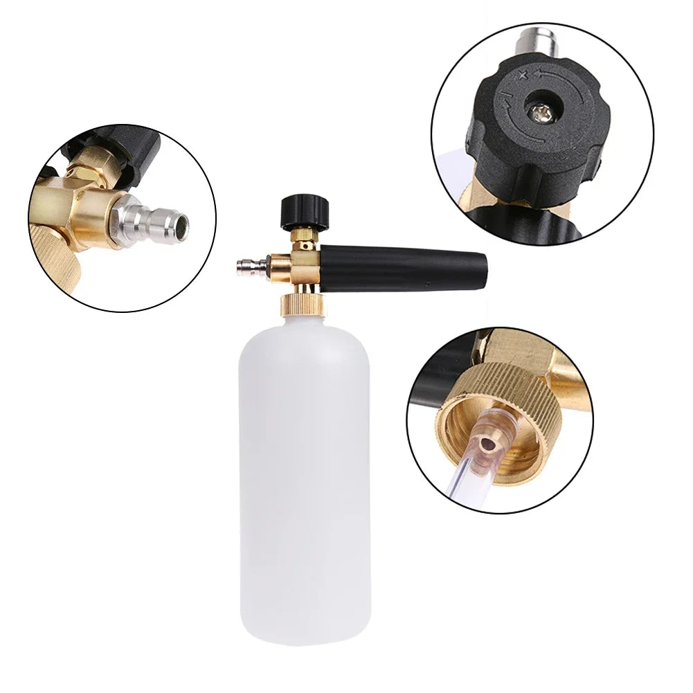 A high-pressure car cleaning foam gun assembly showing the pump, foam bottle, and nozzle components.