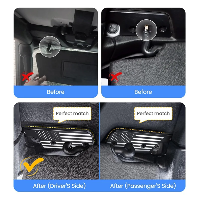 Before and after comparison showing heavy duty sun visor repair clips for Jeep, Gladiator, and Wrangler.