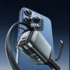 A black dual retractable cable car charger is shown plugged into a smartphone and resting on a car interior surface.