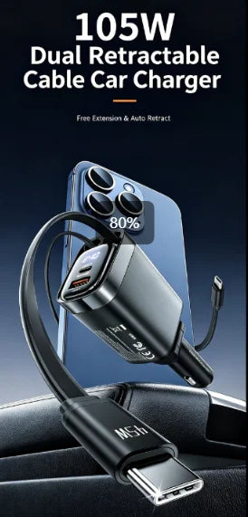 A black dual retractable cable car charger is shown plugged into a smartphone and resting on a car interior surface.