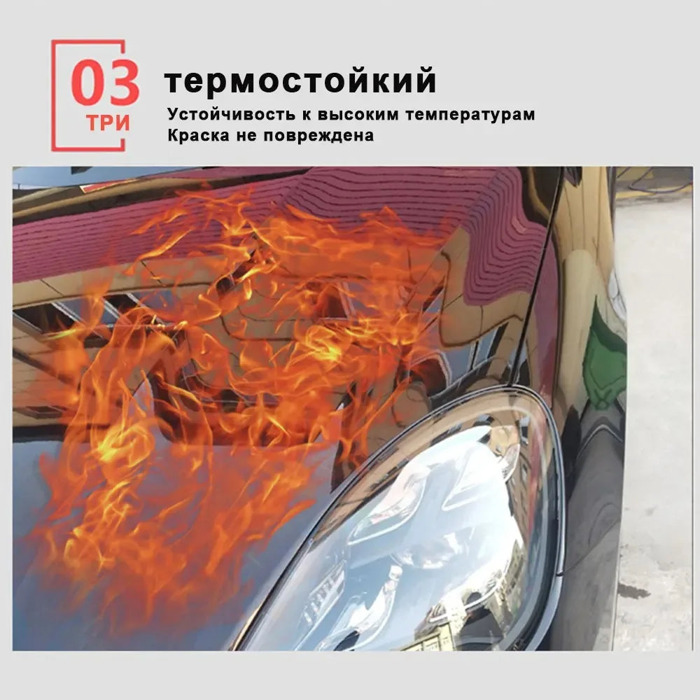 Close-up of a car's paint surface showing intense flames, demonstrating the heat resistance of a ceramic coating.