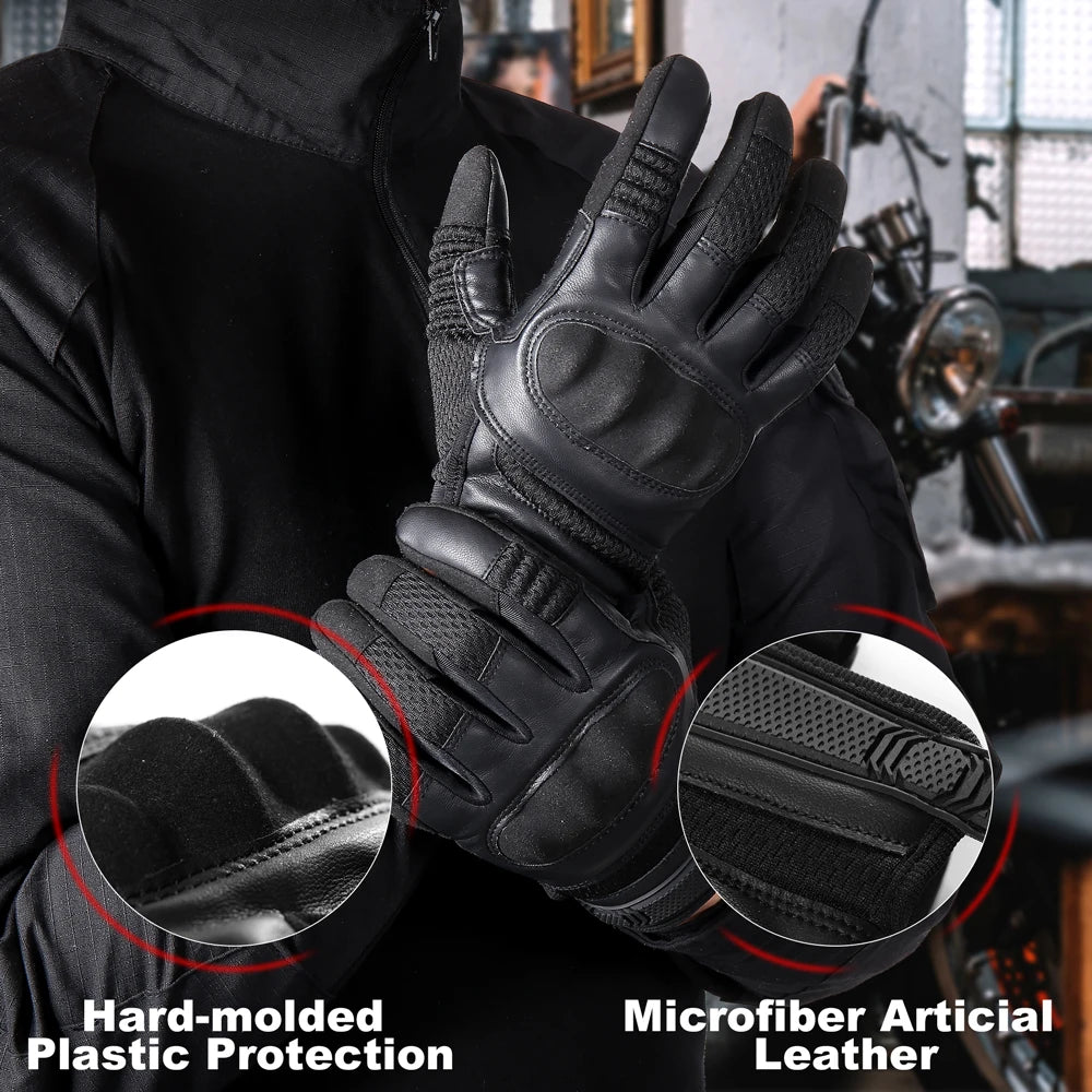 Black tactical gloves featuring hard-molded plastic protection and microfiber artificial leather.