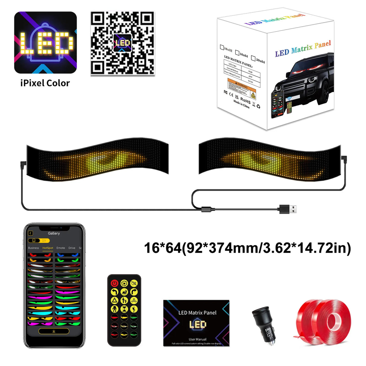 A set of LED matrix panels, a QR code, and an iPhone, demonstrating the 2-in-1 LED Pixel Panel Light.