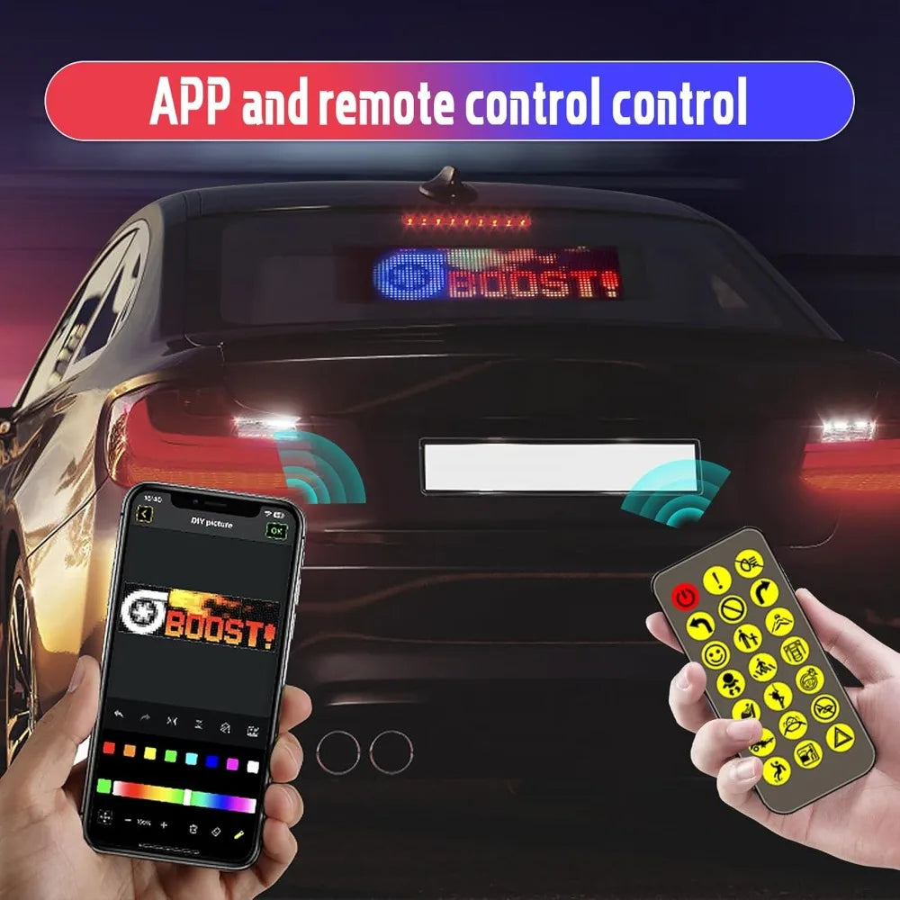 A hand holds a smartphone displaying an app interface next to a remote control for vehicle lighting.