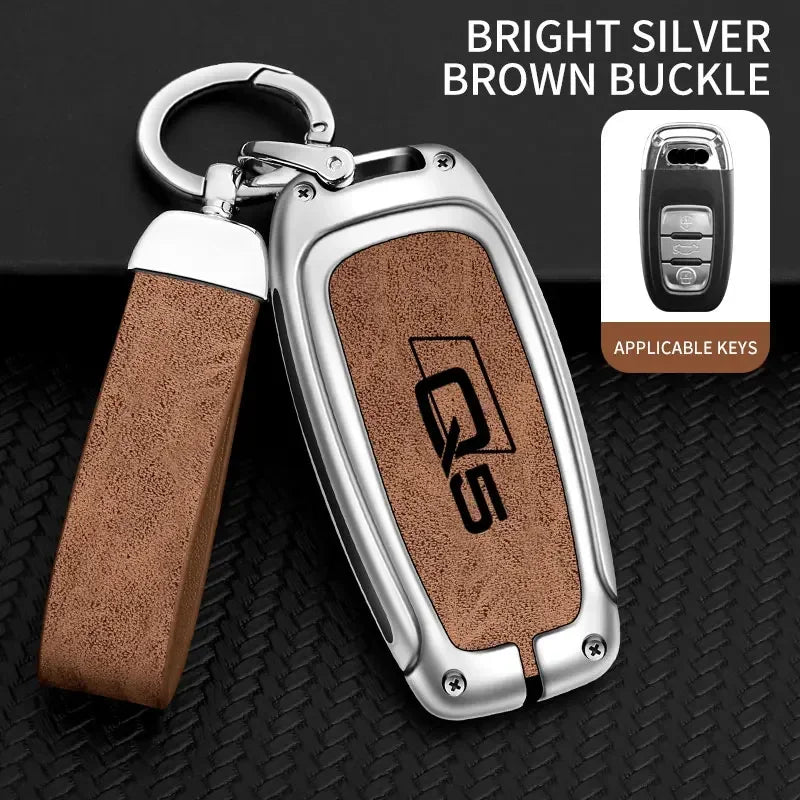 A bright silver brown buckle key fob cover for an Audi Q5, shown against a black background.
