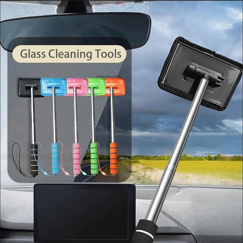 A set of telescopic glass cleaning tools with various colored brushes displayed in a car interior context.