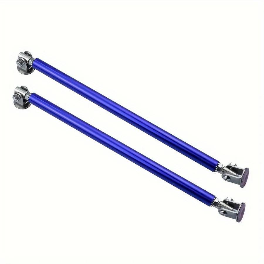 Two parallel blue metal front lip support rods with adjustable mounting ends