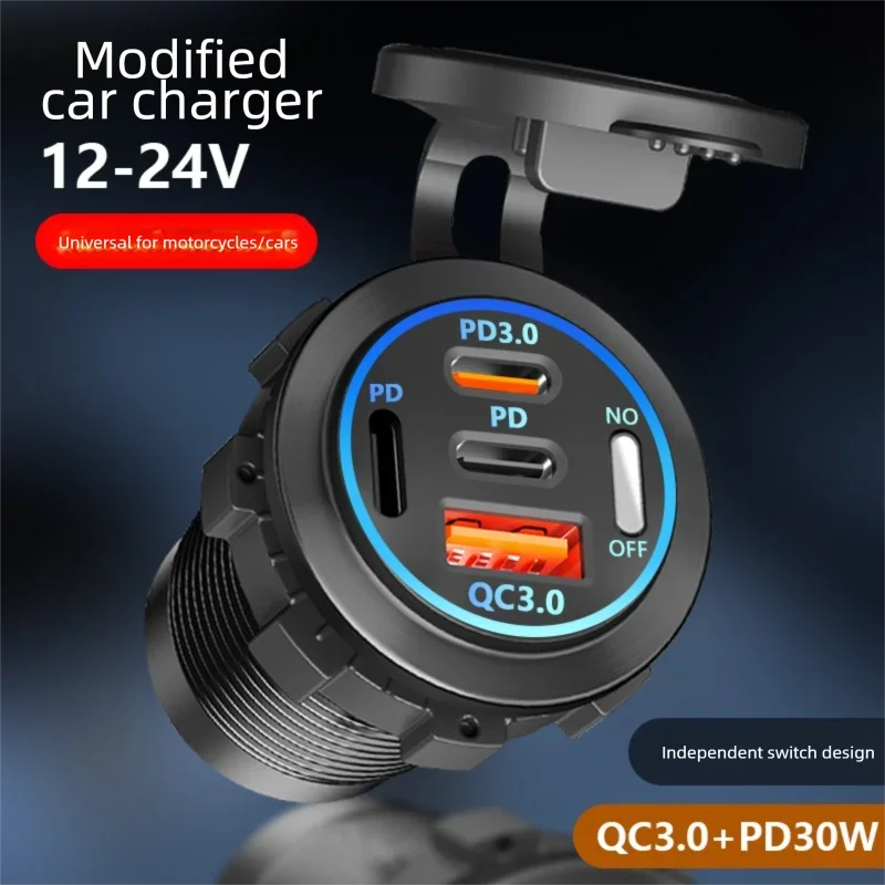 A black modified car charger with multiple ports, including PD3.0 and QC3.0 outputs.
