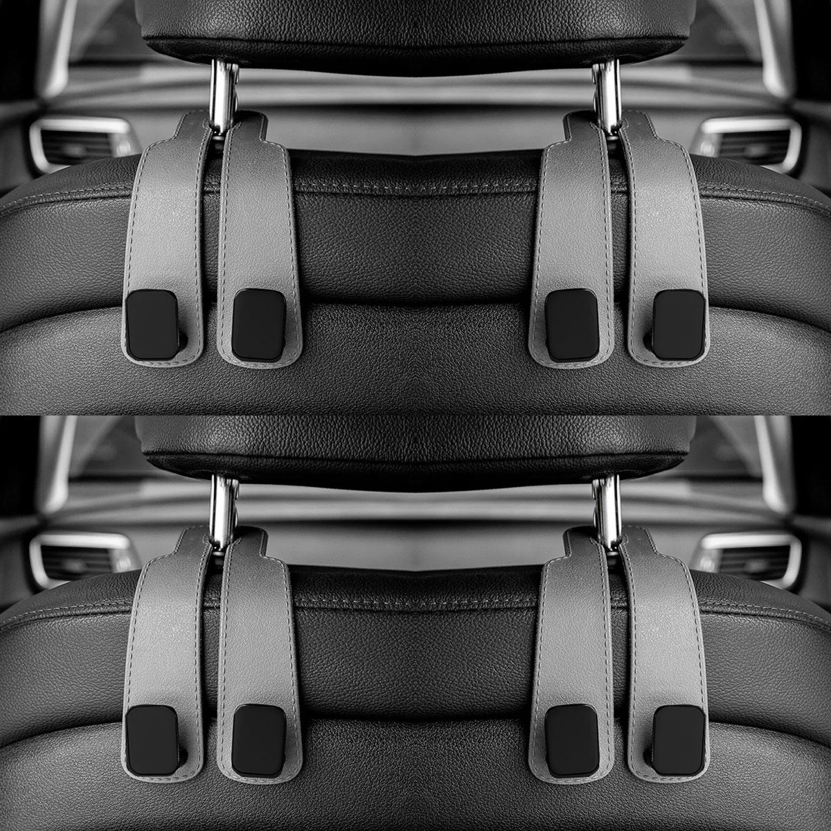 Close-up view of black car headrest hooks designed for bag organization.
