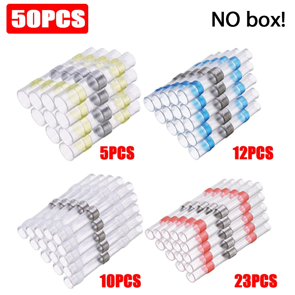 Assortment of heat shrink wire terminals in various colors and quantities, including 5pcs, 12pcs, 10pcs, and 23pcs.