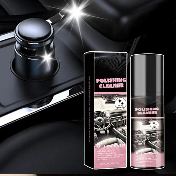 A bottle of polishing cleaner is shown next to a car interior component, highlighting its use for cleaning.