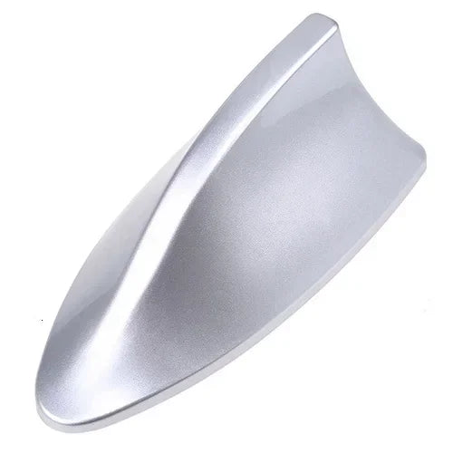 Silver shark fin decorative car antenna cover viewed from above