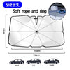 A large foldable car windshield sunshade made of soft rope and ring material shown with various car models.