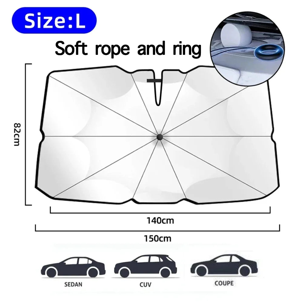 A large foldable car windshield sunshade made of soft rope and ring material shown with various car models.