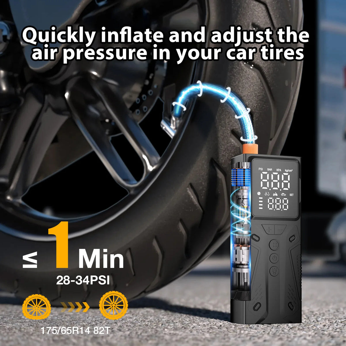 A portable digital air compressor is shown inflating a car tire, demonstrating quick inflation and pressure adjustment.