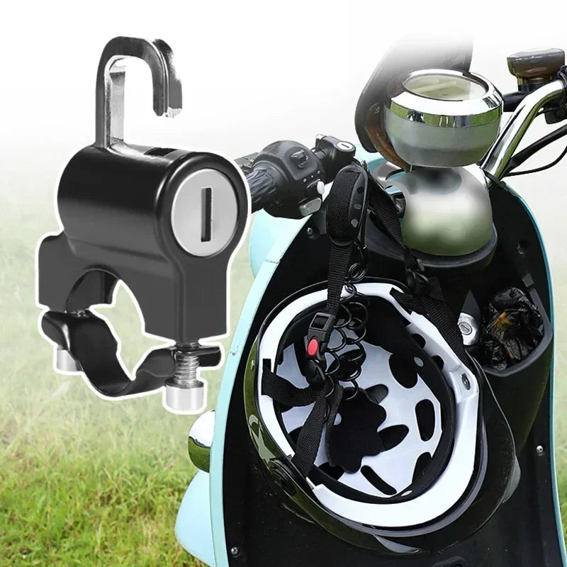 A close-up view of a heavy duty anti-theft helmet lock mechanism attached to a motorcycle or bicycle.