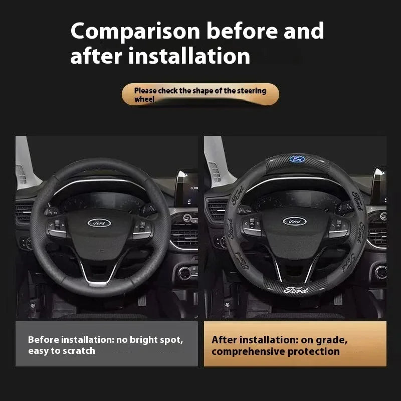 Comparison showing a Ford steering wheel before and after installation, highlighting protection against scratches.