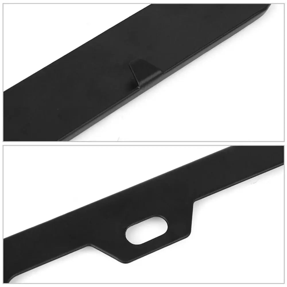 A black stainless steel car license plate frame set shown in two views.