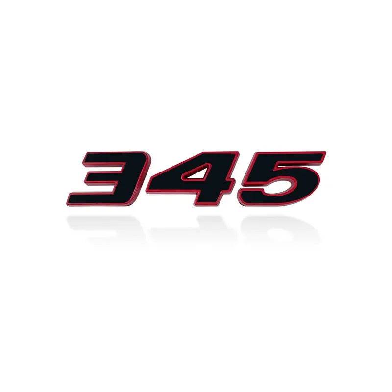 A black and red decal featuring the number 345 on a metal car fender side and trunk.