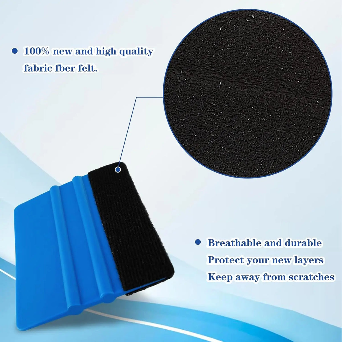 A blue felt squeegee tool with a black felt insert, designed to protect new layers and prevent scratches.