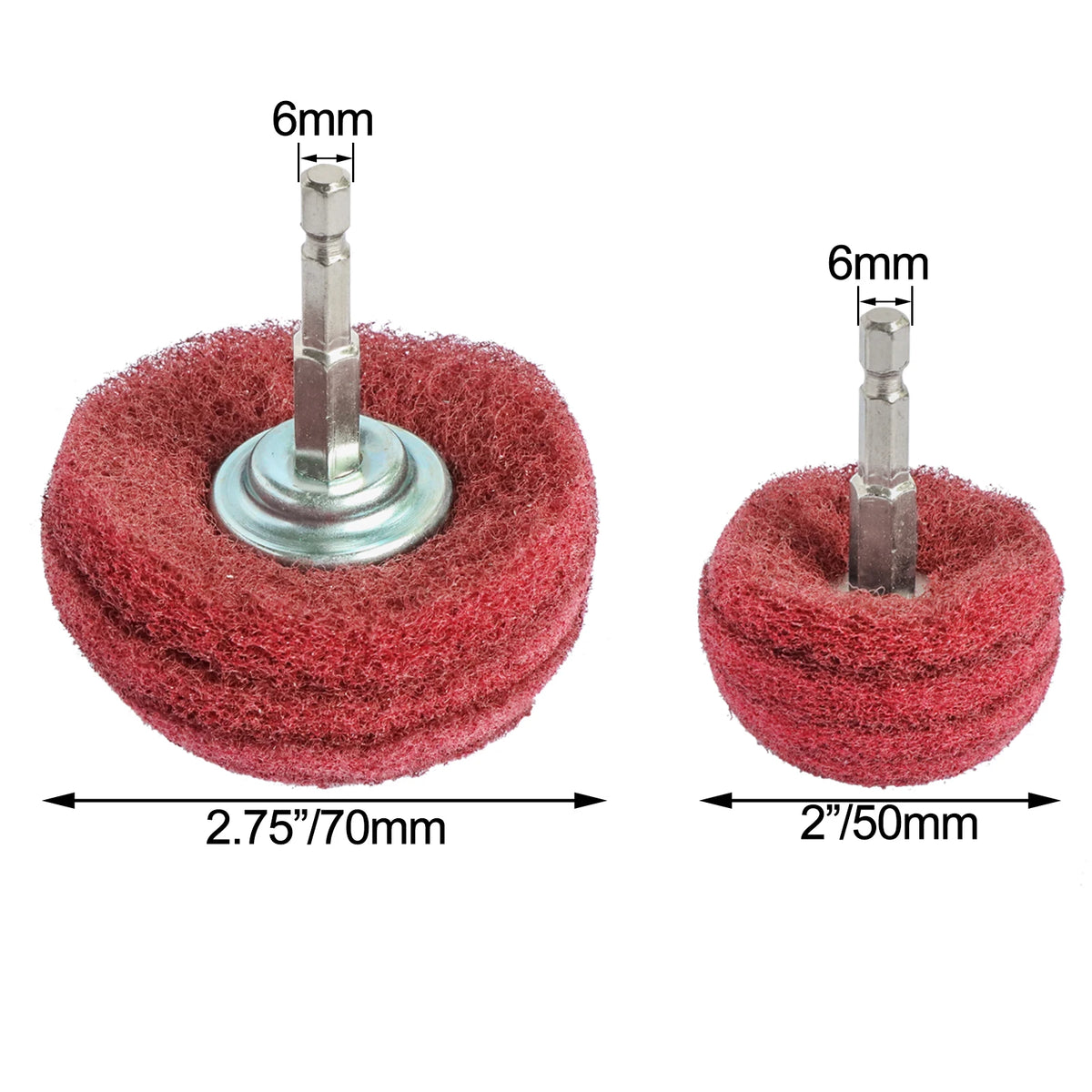 A precision flap sanding wheel set showing a red abrasive pad and a metal shaft with 6mm dimension markings.